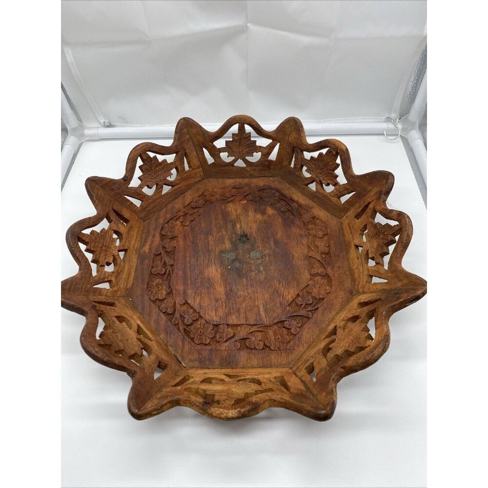 Vintage Octagonal Wood Serving 10.5" Tray Floral Center Hand Carved Artisan Boho
